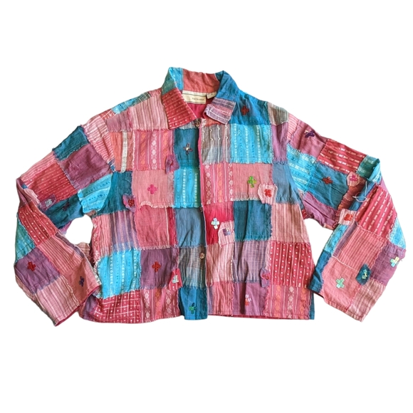 Carrie Allen Shirt Jacket Sz M Cropped Multi Color Patch Work Long Sleeve Lined - Picture 13 of 13